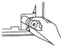 Line drawing of a hand holding a pen or tool, no text or symbols present