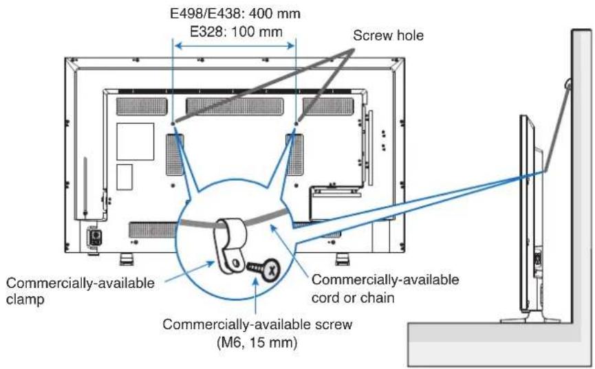 E498/E438: 400 mm E328: 100 mm Screw hole Commercially-available clamp Commercially-available cord or chain Commercially-available screw (M6, 15 mm)