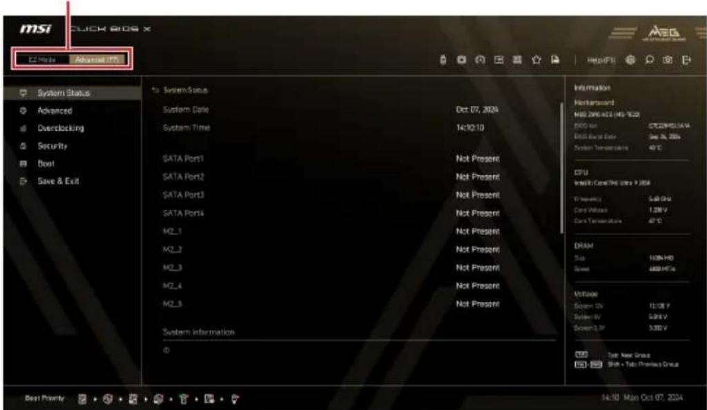 msi CLICK BIOS X C:\Help Advanced\MSI System Status Advanced Overclocking Security Next Save & Exit System Status System Date Oct 07, 2024 System Time 14:30:10 SATA Port1 Not Present SATA Port2 Not Present SATA Port3 Not Present SATA Port4 Not Present M2_1 Not Present M2_2 Not Present M2_3 Not Prese…