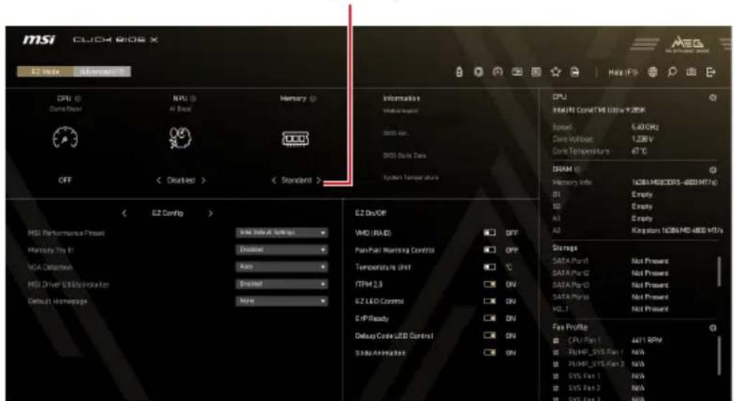 MSI CLICK BIOS X E2 Update CPU Game Disk NPU AI Base Memory OFF < Deutled > < Standard > E2 Config > MSI Performance Preset Memory Try B VGA Detection MSI Driver Utility Processor Default Homepage None E2 Dev/Off VNO (PAID) Plan Path Monitoring Control Temperature Unit RTPM 2.0 E2 LED Control GFP Re…
