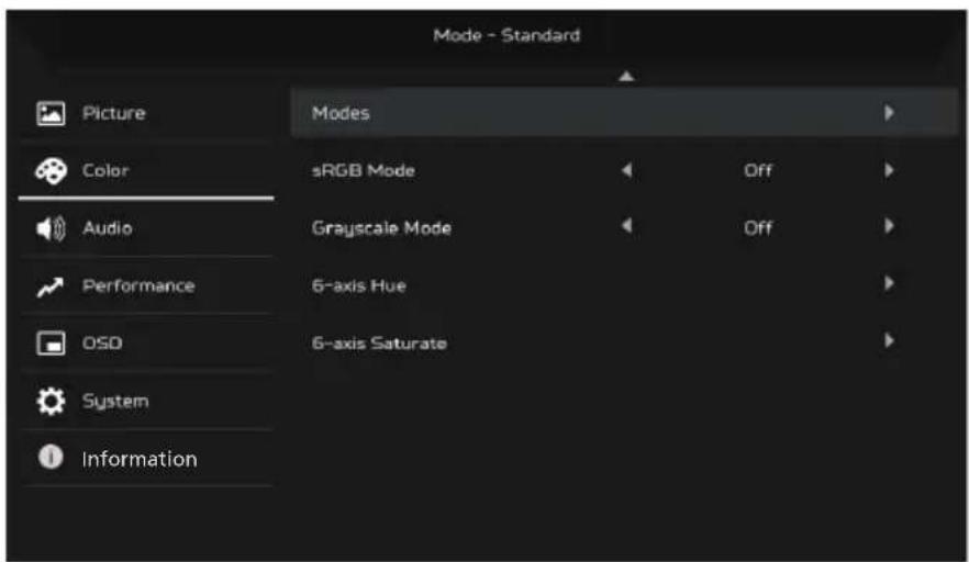 Mode - Standard Picture Color Audio Performance OSD System Information Modes sRGB Mode Grayscale Mode 6-axis Hue 6-axis Saturate