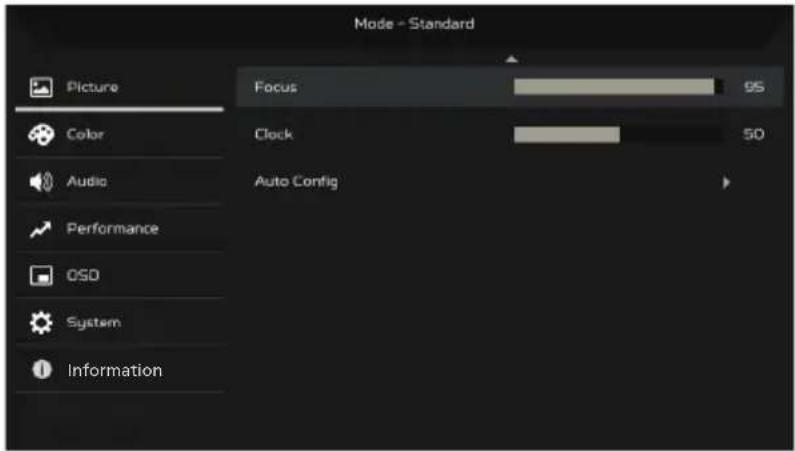 Mode - Standard Picture Color Audio Performance OSD System Information Focus 95 Clock 50 Auto Config