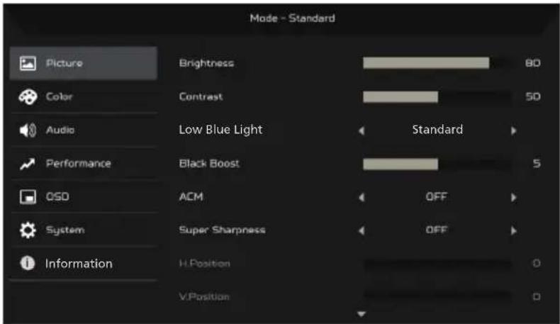 Mode - Standard Picture Brightness 80 Color Contrast 50 Audio Low Blue Light Standard Performance Black Boost 5 OSD ACM OFF System Super Sharpness OFF Information H.Position V.Position D