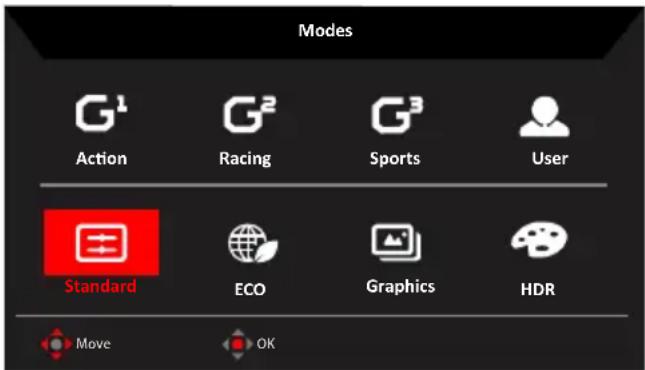 Modes G¹ Action G² Racing G³ Sports User Standard ECO Graphics HDR Move OK