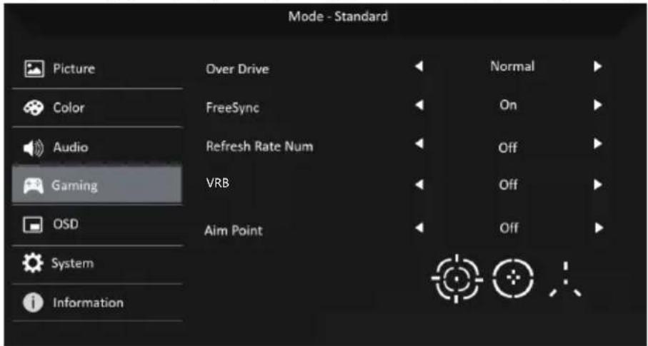 Mode - Standard Picture Over Drive Normal Color FreeSync On Audio Refresh Rate Num Off Gaming VRB Off OSD Aim Point Off System Information