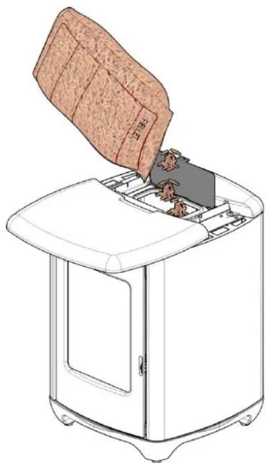 Line drawing of a toaster oven with a cloth cover being inserted (no text or symbols)