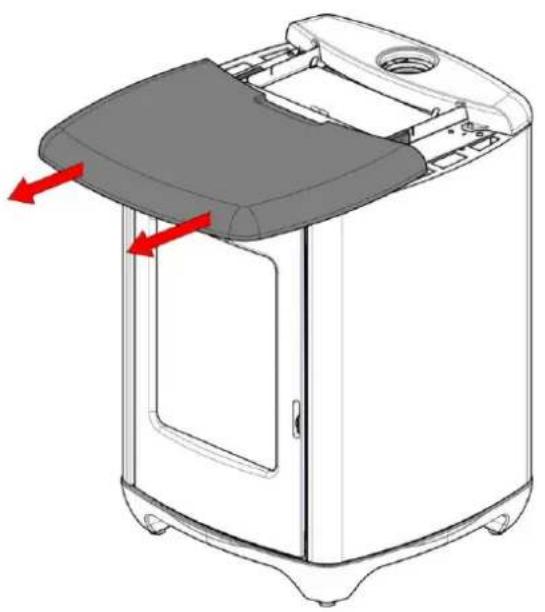 Technical line drawing of a microwave oven with red arrows indicating airflow or component movement (no text or symbols)