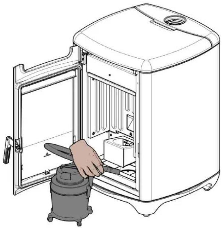 Line drawing of a hand operating a vacuum cleaner inside a large appliance (no text or symbols)