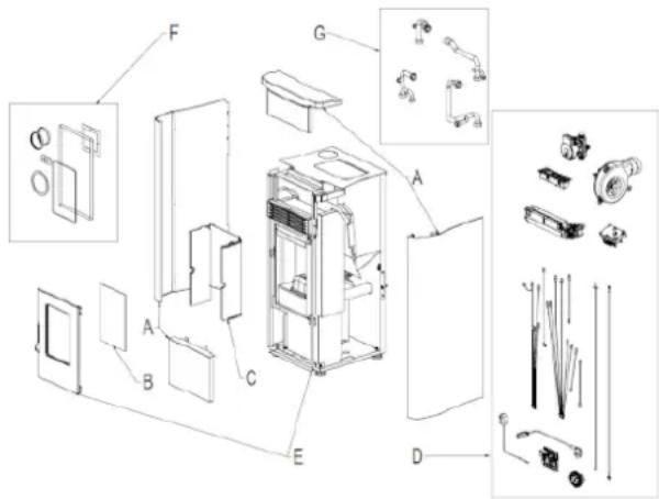 Exploded view diagram of a refrigerator with labeled parts and exploded views