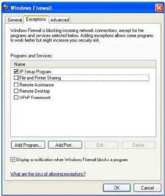 Windows Firewall General Exceptions Advanced Windows Firewall is blocking incoming network connections, except for the programs and services selected below. Adding exceptions allows some programs to work better but might increase your security risk. Programs and Services: Name IP Setup Program File…