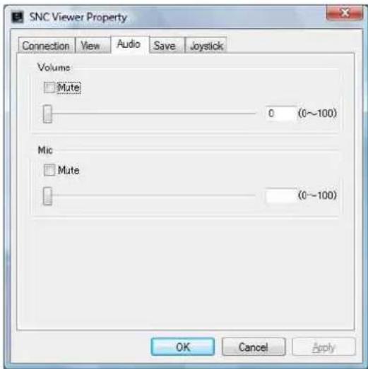 SNC Viewer Property Connection View Audio Save Joystick Volume Mute 0 (0~100) Mic Mute (0~100) OK Cancel Apply