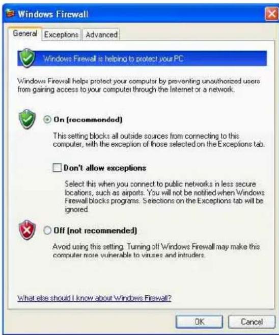 Windows Firewall General Exceptions Advanced Windows Firewall is helping to protect your PC Windows Firewall helps protect your computer by preventing unauthorized users from gaining access to your computer through the Internet or a network. On (recommended) This setting blocks all outside sources f…