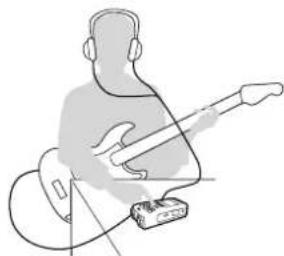 Line drawing of a person sitting on a guitar with a bandage, no text or symbols present