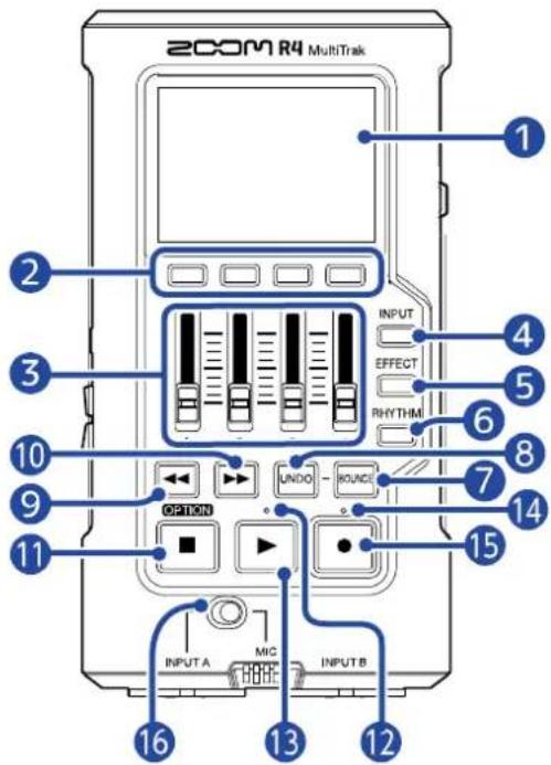 200M R4 MultiTrak INPUT EFFECT RHYTHM 1 2 3 4 5 6 7 8 9 OPTION UNDO - ROUND 10 11 12 13 14 15 INPUT A MIC INPUT B 16
