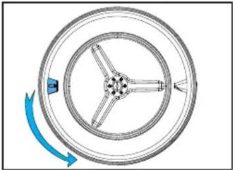 Diagram of a circular mechanical component with radial arms and a blue curved arrow indicating rotation (no text or symbols)