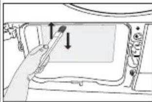 Hand holding a pen inserted into a device panel, with arrows indicating direction (no text or symbols)