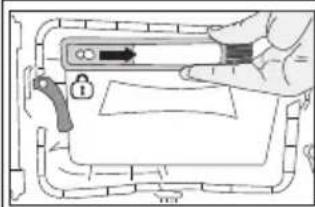 Diagram showing a hand holding a device with a lock and warning symbol, enclosed in a rectangular frame.