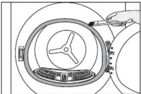 Diagram of a hand using a tool to clean or install a circular mechanical component with a three-blade knob (no text or symbols present)