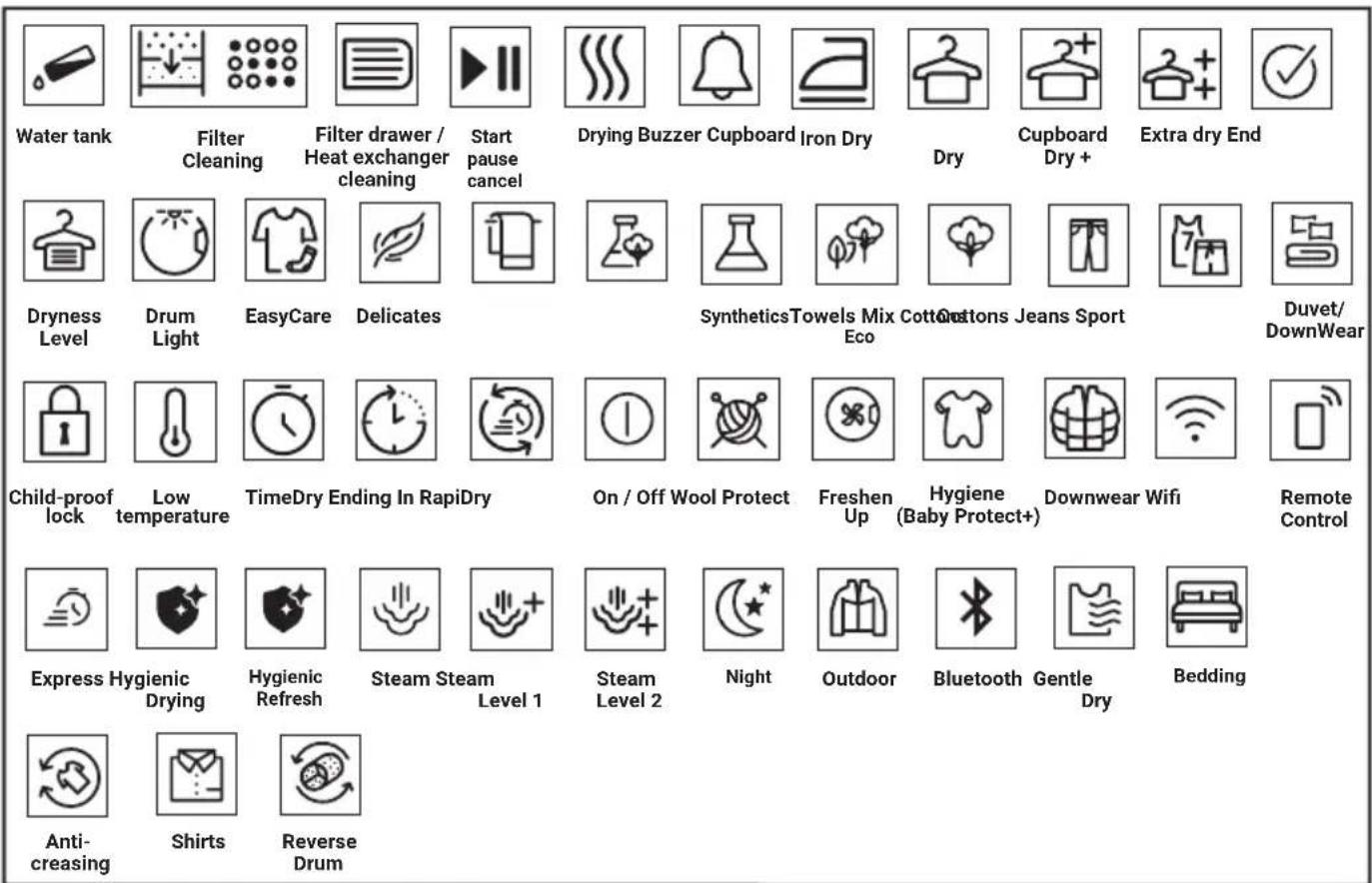 Water tank Filter Cleaning Filter drawer / Heat exchanger cleaning Start pause cancel Drying Buzzer Cupboard Iron Dry Dry Cupboard Dry + Extra dry End Dryness Level Drum Light EasyCare Delicates Synthetics Towels Mix Cotton Coutons Jeans Sport Duvet/DownWear Child-proof lock Low temperature TimeDry…