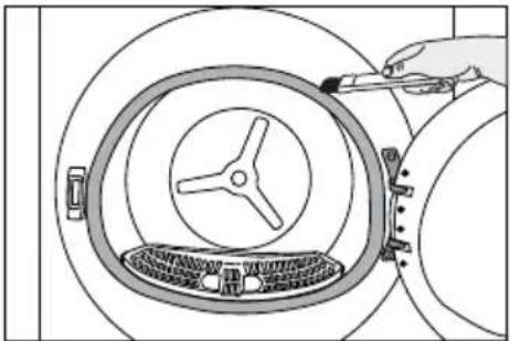 Diagram of a hand using a tool to clean or install a circular component with a three-blade fan (no text or symbols present)