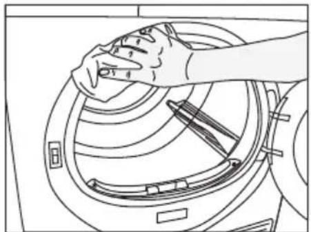Line drawing of hands cleaning a washing machine (no text or symbols)