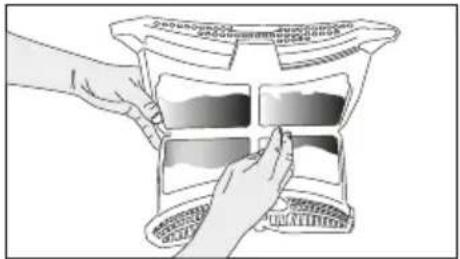 Illustration of hands holding a transparent container with four compartments, no text or symbols present