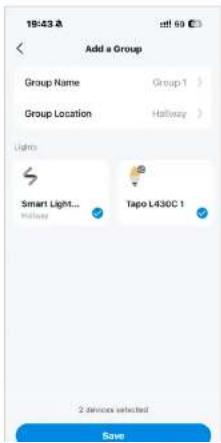 19:43 A Add a Group Group Name Group 1 Group Location Hallway Lights Smart Light... Tapo L430C 1 2 devices selected Save