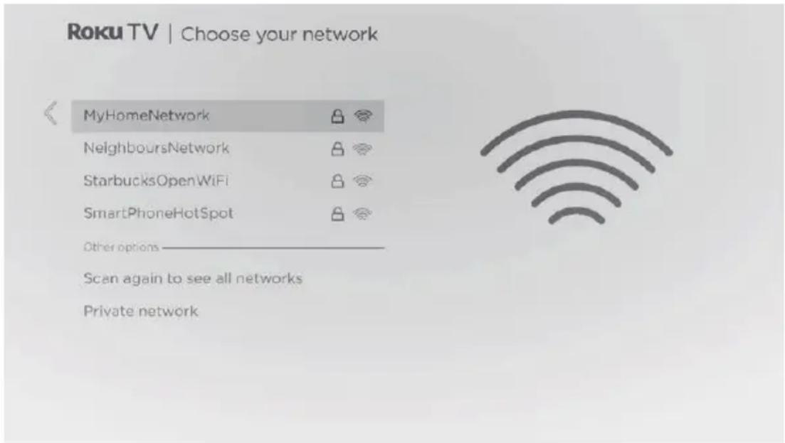 Roku TV | Choose your network MyHomeNetwork NeighboursNetwork StarbucksOpenWiFi SmartPhoneHotSpot Other options Scan again to see all networks Private network