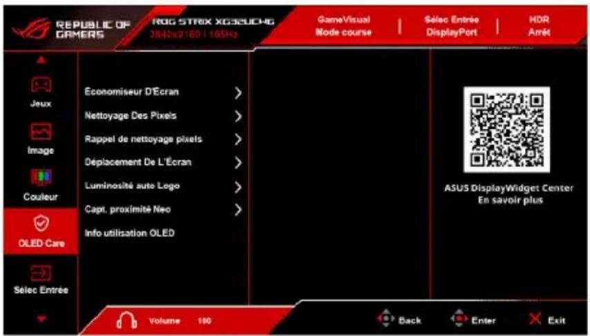REPUBLIC OF GRAMERS ROG STREX XGSEUCHG 3840x2180 1180Hz GameVisual Mode course Sélec Entrée DisplayPort HDR Amét Jeux Image Couleur OLED Care Sélec Entrée Economiseur D'Écran > Nettoyage Des Pixels > Rappel de nettoyage pixels > Déplacement De L'Écran > Luminosité auto Logo > Capt. proximité Neo > I…