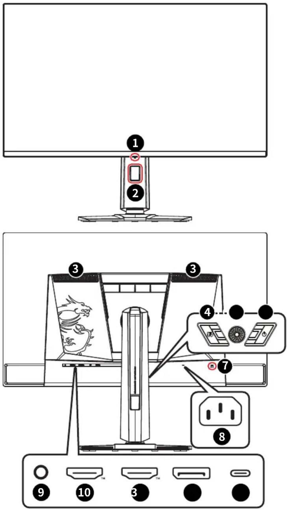Diagram showing a computer monitor setup with labeled parts including screen, buttons, and power outlets