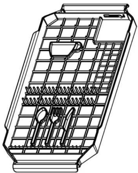 Technical line drawing of a multi-tiered storage unit with cutouts and compartments (no text or symbols)