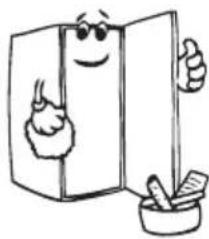 Cartoon illustration of a smiling refrigerator with thumbs up and a bowl of food (no text or symbols)
