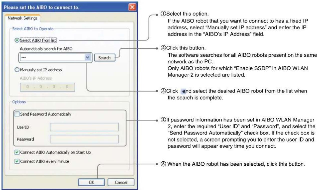 Please set the AIBO to connect to. Network Settings Select AIBO to Operate Select AIBO from list Automatically search for AIBO --- Search Manually set IP address AIBO's IP Address 0 0 0 0 Options Send Password Automatically UserID Password Connect AIBO Automatically on Start Up Connect AIBO every mi…