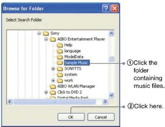 Browse for Folder Select Search Folder Sony AIBO Entertainment Player Help language ModelData Sample Music SONYTTS system work AIBO WLAN Manager Click to DVD 2 Digital Media Park ①Click the folder containing music files. ②Click here. OK Cancel