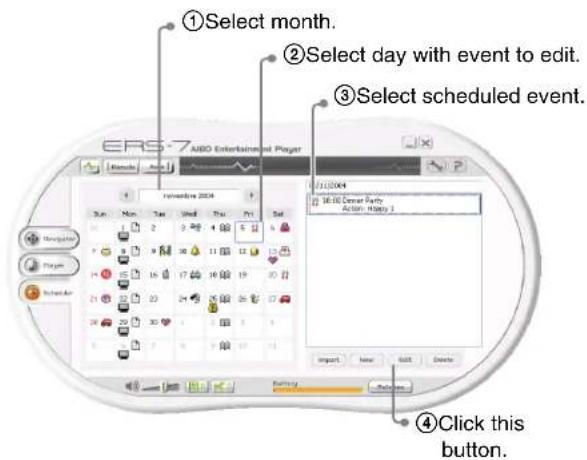 ①Select month. ②Select day with event to edit. ③Select scheduled event. ERP7 ABO Entertainment Player 11/12/2004 16:00 Denver Party Action History 1 Import Next Exit Delete ④Click this button.