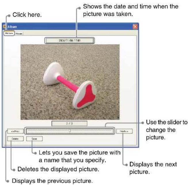 Click here. Shows the date and time when the picture was taken. 2004/11/06 17:49 2 / 3 Use the slider to change the picture. Lets you save the picture with a name that you specify. Deletes the displayed picture. Displays the next picture. Displays the previous picture.