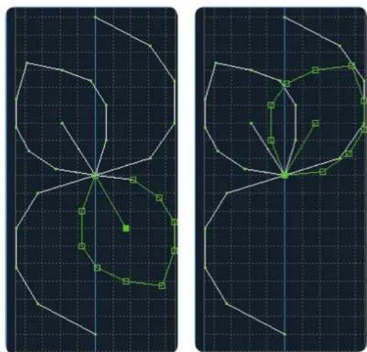 Two abstract geometric diagrams with white lines and green nodes on a dark grid background (no text or symbols)