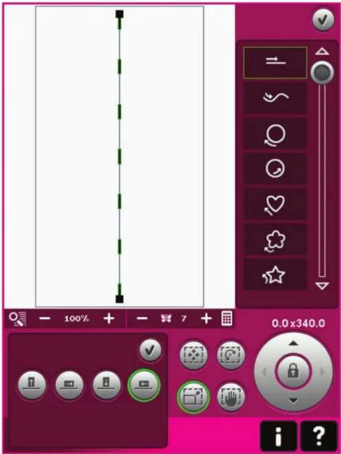 Screenshot of a graphic design software interface showing tool panels, control buttons, and a vertical line with green dashed markers.