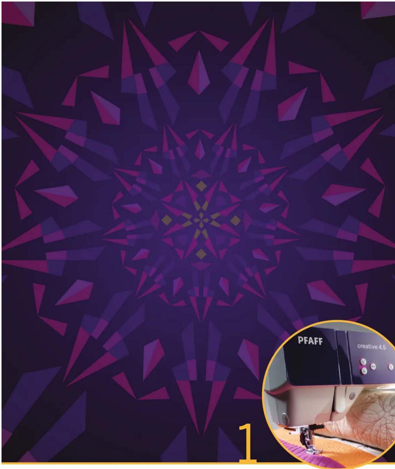 Purple geometric starry wall with a central floral motif and an inset image of a sewing machine labeled 'PFAFF creative 4.5' (no readable text or symbols on the main subject)