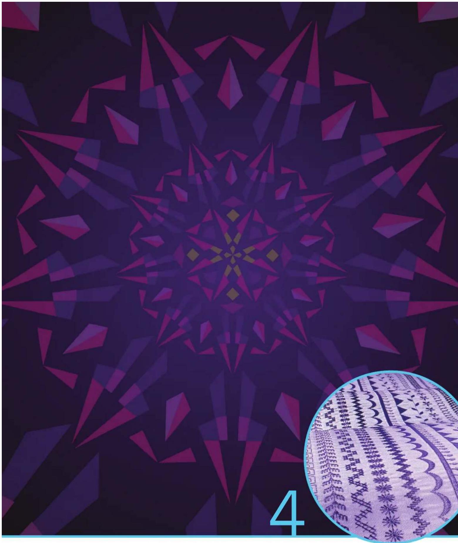 Abstract geometric pattern with purple and magenta triangular shapes, featuring a central star-like motif and a circular inset of a traditional garment (no text or symbols)