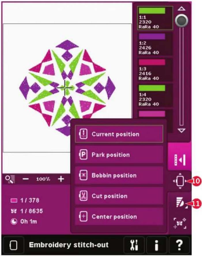 Current position Park position Bobbin position Cut position Center position 1/378 1/8635 0h 1m Embroidery stitch-out