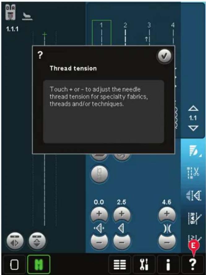 Thread tension Touch + or - to adjust the needle thread tension for specialty fabrics, threads and/or techniques.