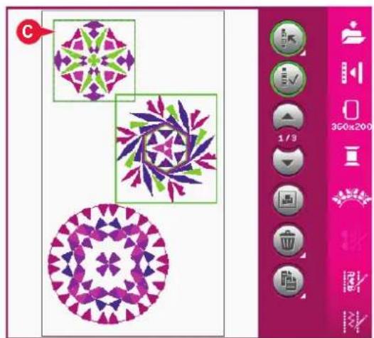 Abstract geometric pattern with purple and green star-like shapes arranged in a grid, alongside a vertical toolbar with icons (no text or symbols on the patterns themselves)