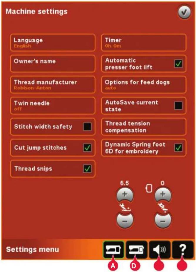 Machine settings Language English Owner's name Thread manufacturer Robison-Anton Twin needle off Stitch width safety Cut jump stitches Thread snips Timer Oh Om Automatic presser foot lift Options for feed dogs auto AutoSave current state Thread tension compensation Dynamic Spring foot 6D for embroid…