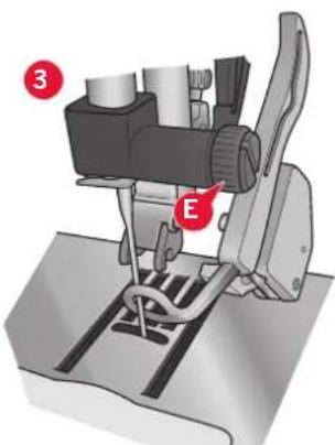 Diagram of a sewing machine with labeled parts E and 3, showing mechanical components and base structure.