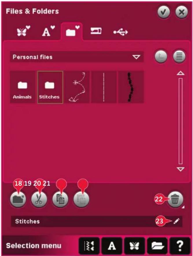 Files & Folders Personal files Animals Stitches 18 19 20 21 Stitches 22 23 Selection menu