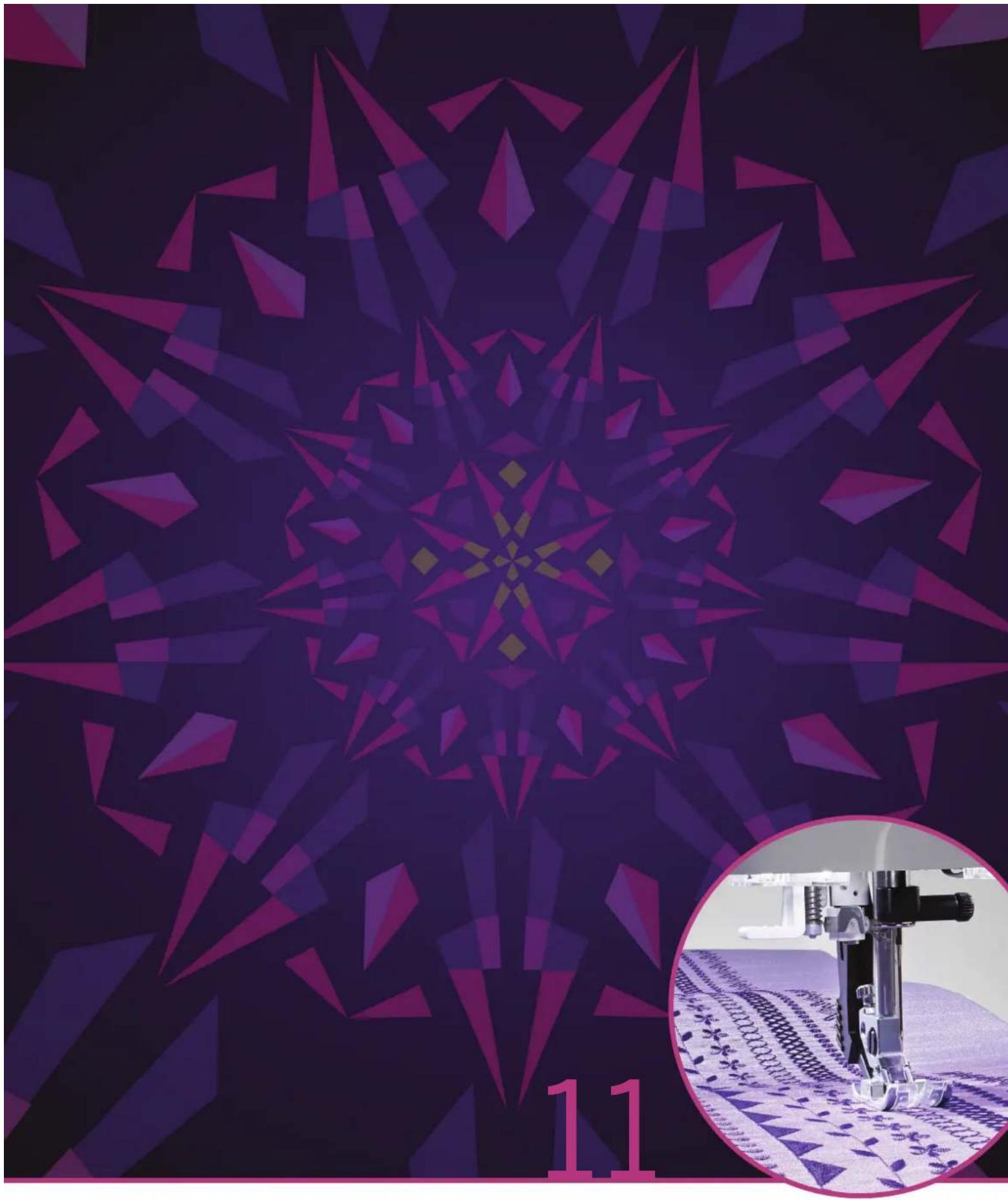 Purple geometric star pattern with a circular inset showing a sewing machine in the background (no text or symbols)