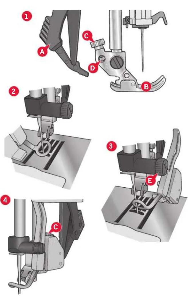 Technical diagram showing five different sewing machine tool steps labeled A through E, with numbered annotations indicating each step.