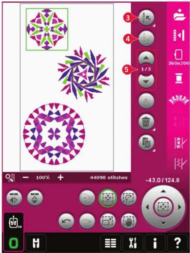 Screenshot of a graphic editing software interface showing a grid of geometric pattern designs with numbered callouts and a color palette.