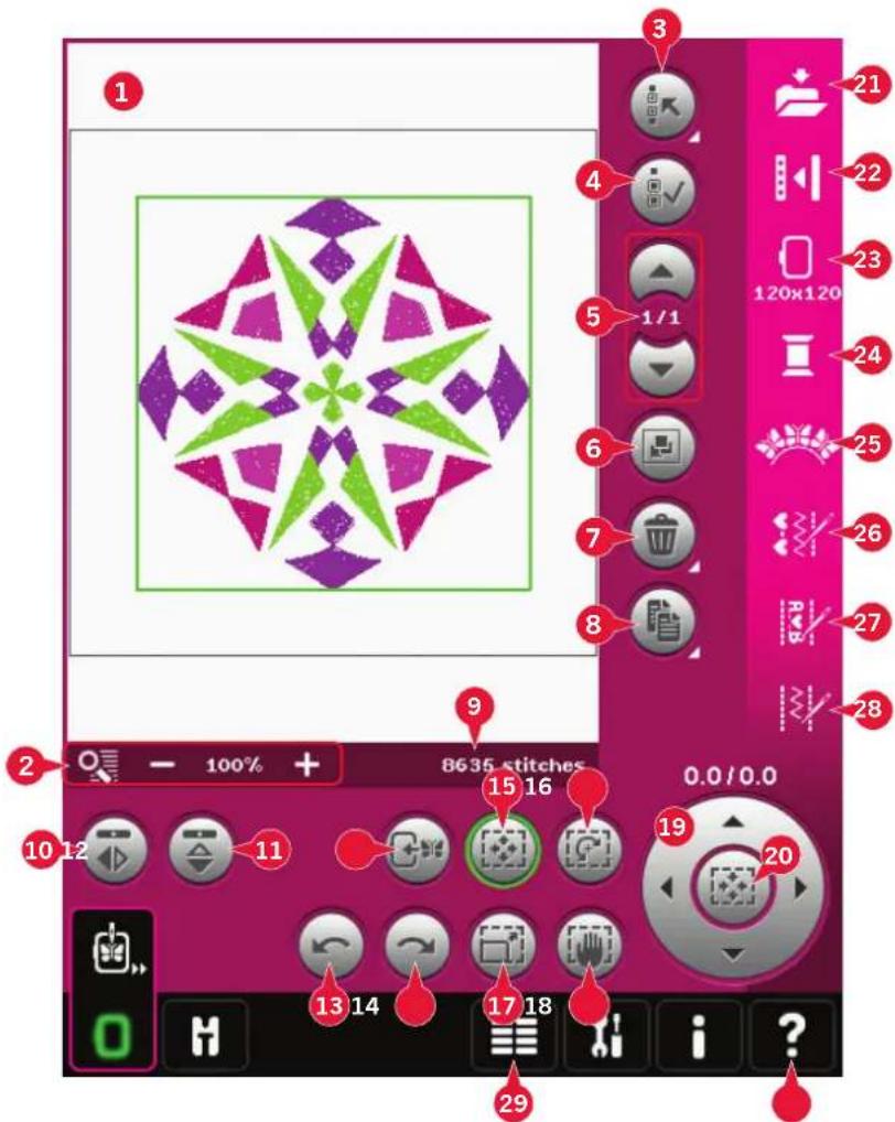 Screenshot of a software interface with numbered callouts and a preview of a geometric patterned design.